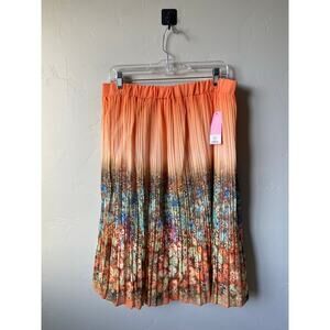 Metro Wear Orange Ombre Floral Pleated Elastic Waist Chiffon Midi Skirt
